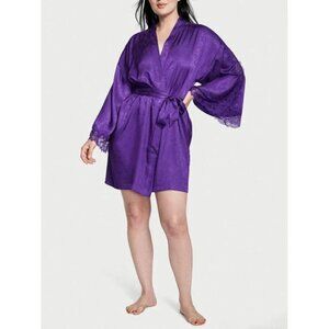 VICTORIAS SECRET Luxe Satin Jacquard Lace Inset Robe Size M L Royal Purple Belt
